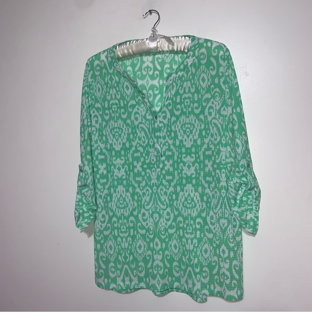 Emily Daniels Green & White 3/4 Sleeve Blouse Size XLARGE